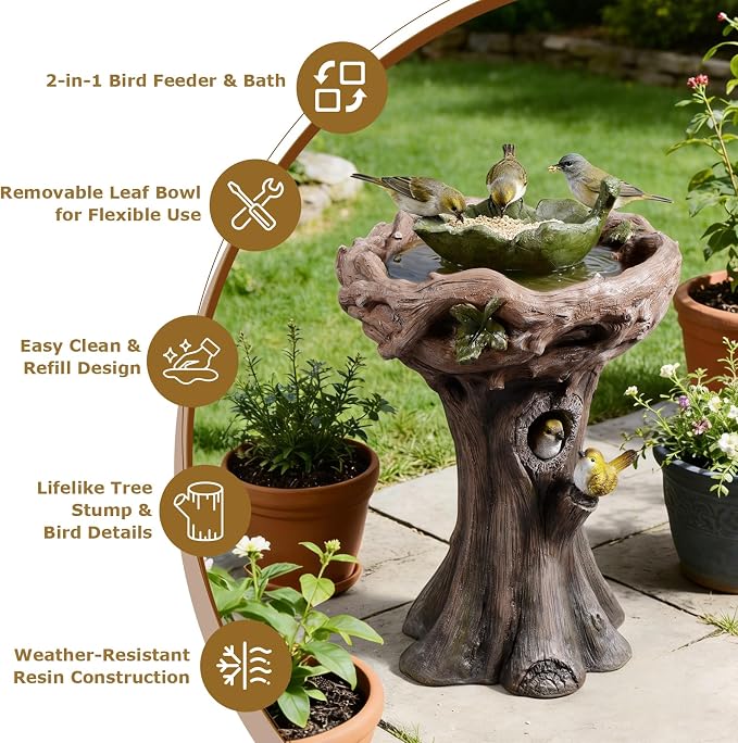 29.53" Tall Water Fountain Outdoor with Birds, Bird Bath Fountain with Removable Feeding Bowl Tree Trunk Design Resin Freestanding Water Fountains for Outside, Garden, Patio, Lawn, Yard