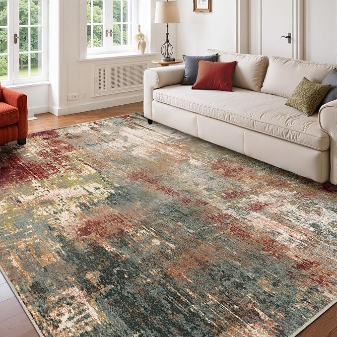 RELEANY Washable 7'x9' Abstract Area Rug for Living Room Rustic Brown | Carpet for Bedroom, Kitchen, Office, Hallway and Entryway, Printed Pattern, Non‑Slip, Soft, Stain‑Resistant, Easy to Clean