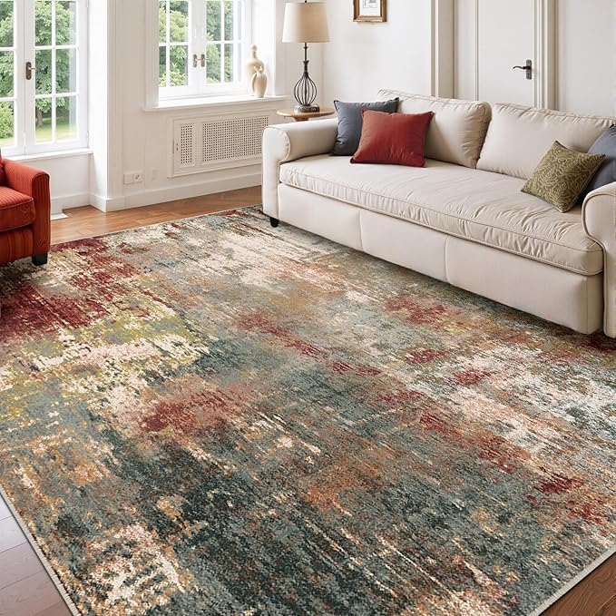RELEANY Washable 9'x12' Abstract Area Rug for Living Room Rustic Brown | Carpet for Bedroom, Kitchen, Office, Hallway and Entryway, Printed Pattern, Non‑Slip, Soft, Stain‑Resistant, Easy to Clean