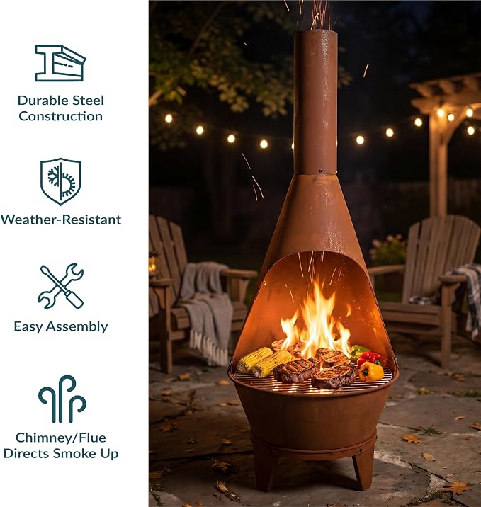 Sunnydaze Large Chiminea Outdoor Fireplace - Outdoor Wood-Burning Fireplace - Chimney Fire Pit with Grill Grate - Rustic - 58" H