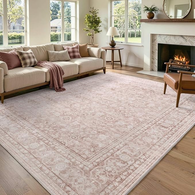 6x9 Ft Large Area Rugs for Living Room, Soft Non-Slip Machine Washable Rug, Vintage Stain Resistant Carpets for Bedroom Nursery Dining Room Home Decor (Grey Pink)