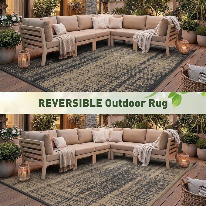 MontVoo Outdoor Rug Waterproof 8x10 ft Outdoor Carpet Patio Rug Mat Reversible RV Camping Rug Plastic Straw Outside Rug for Balcony Porch Deck Picnic Beach Modern Black Brown