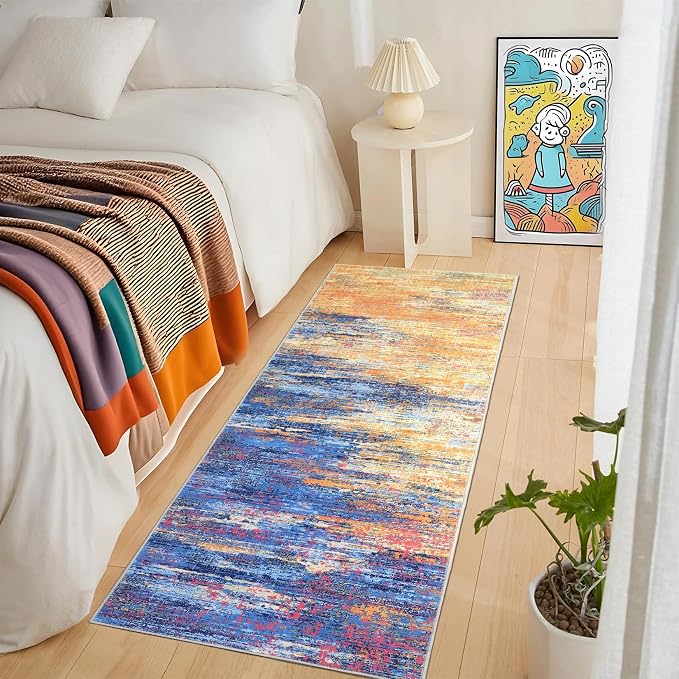 ROYHOME Washable Runner Rug 2x6 Modern Abstract Kitchen Rugs, Non Slip Bathroom Rug, Low Pile Laundry Room Soft Long Carpet for Hallway Bedroom Entryway, Blue/Orange