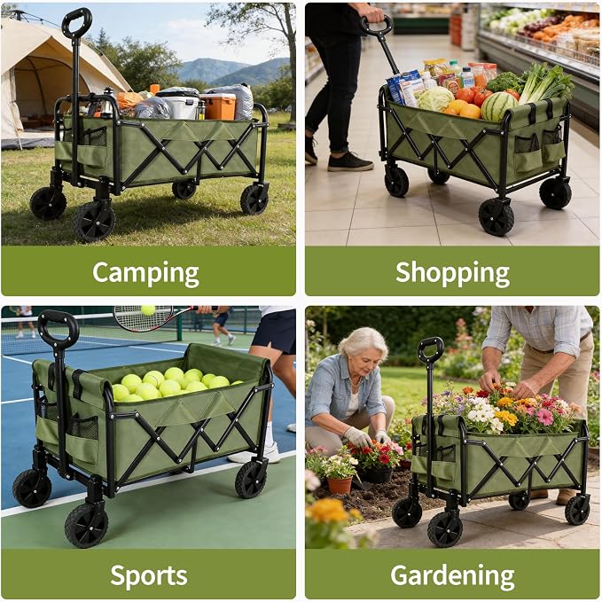 Foldable Wagon Cart, Collapsible Utility Wagon with All Terrain Wheels, Portable Folding Cart for Camping Garden Shopping Grocery Sports(Green, Medium Without Tailgate)