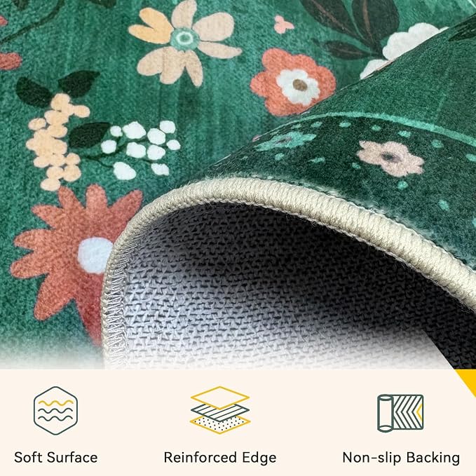 RELEANY Floral Washable 4x6 Area Rugs DarkGreen | Flower Carpet, Print, Boho, Non-Slip, Easy to Clean, Soft, Low Pile for Living Room Bedroom Kitchen Office Entryway Hallway