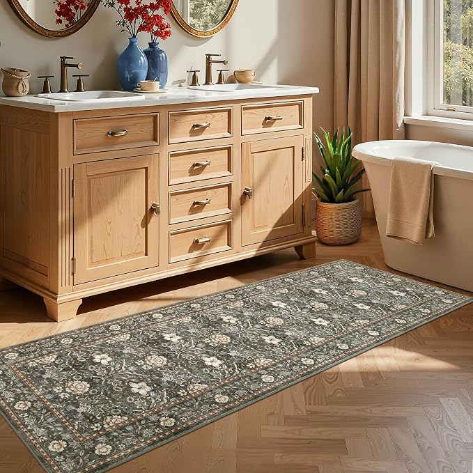 GarveeHome Washable Runner Rug 2x6, Non Slip Floral Kitchen Runner for Hallway Entryway Laundry Bathroom Mat Farmhouse Thin Stain Resistant Carpet for Bedroom Beside Rug