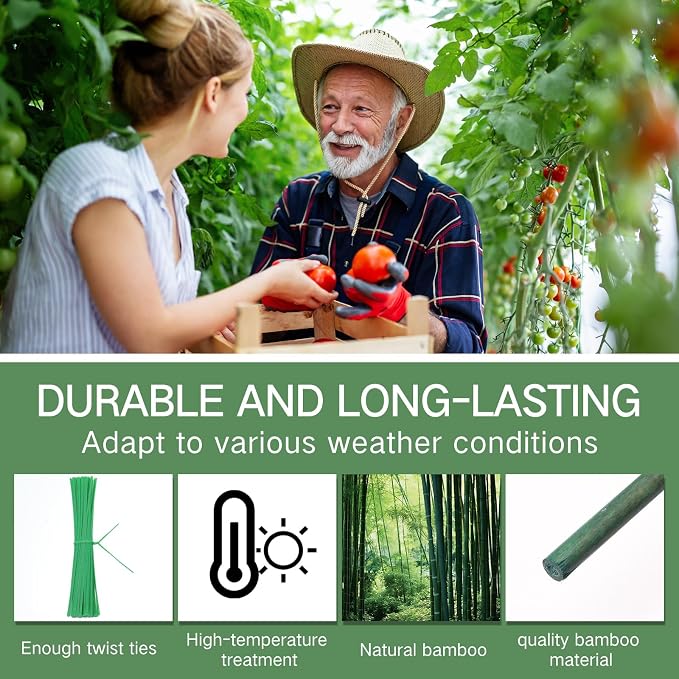Suclain 100 Pcs 18 Inch Bamboo Stakes for Plant Support Bamboo Sticks Poles Indoor and Outdoor Tall Garden Stakes with 100 Twist Ties for Tomato Bean Flowers Trees Potted and Climbing Plant Support