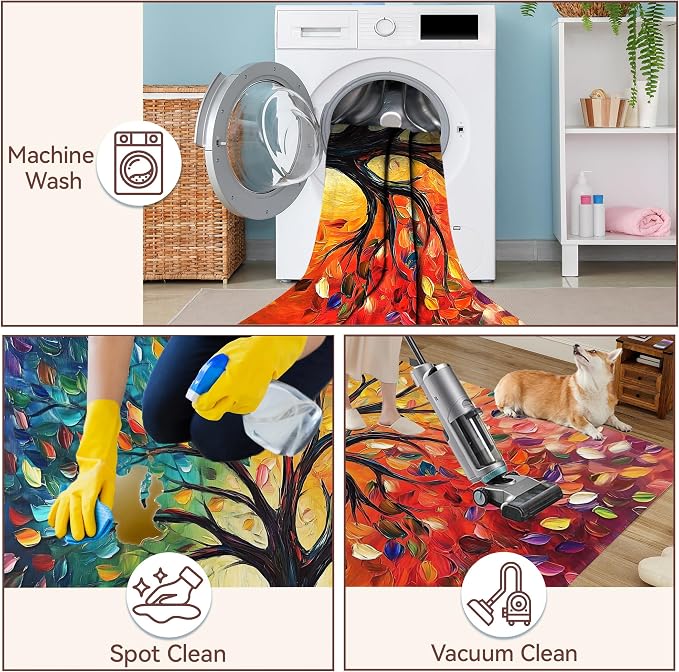 Tree of Life Washable Area Rugs 5x7,Colorful Abstract Leaves Area Rug for Living Room Bedroom,Indoor Non-Slip Large Throw Carpet for Kitchen Entryway Bathroom Office