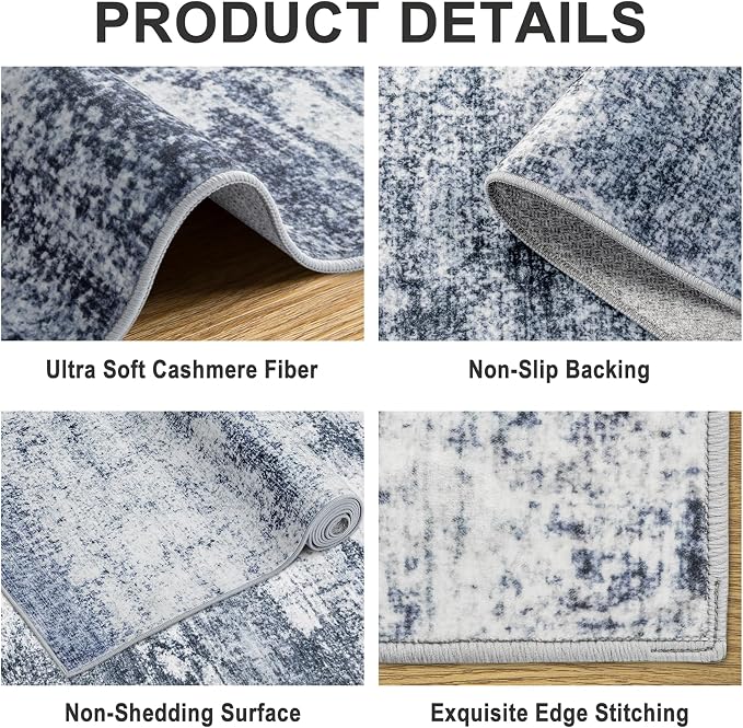 PLHXFR Area Rug Living Room: 5x7 Abstract Washable Carpet Grey Blue | For Bedroom Dining Room Farmhouse Nursery Home,Machine washable,Non Slip,Large Soft Neutral,Stain Resistant, Indoor Floor