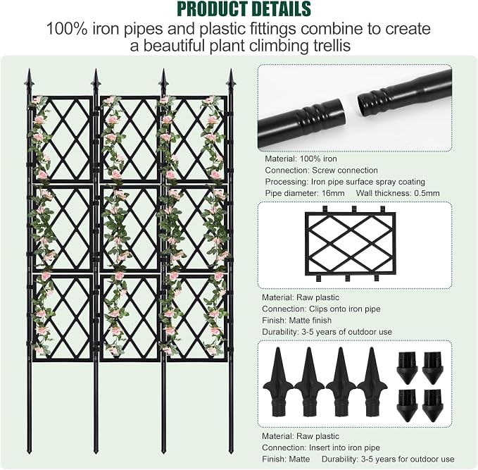 WellSign Garden Trellis for Climbing Plants Outdoor 5.25 FT, Iron Pipe Metal Support Wall Tall Plant Trellis Lattice Fence Plant Support with Garden Twist Tie for Ivy Vines Rose