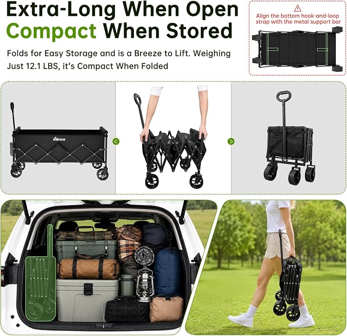 Extra Long Collapsible Wagon Cart, 360LBS Heavy Duty Utility Wagons with All-Terrain Wheels, Foldable Grocery Carts for Gardening, Shopping, Beach, Camping, Black