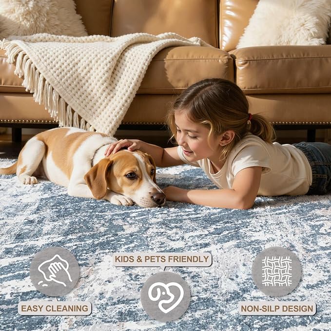 DMOYEST 6x9 Area Rug for Living Room Washable Abstract Indoor Carpet | Neutral Modern Low Pile Rugs Kid & Pet Friendly Soft Thin Carpet for Bedroom Dining Room and Office - Blue Light