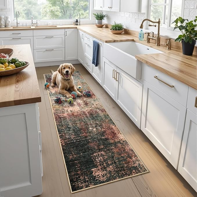 Toneed Washable 2x6 Non-Slip Abstract Runner Rug for Hallway Kitchen | Soft Modern Low Pile Area Rugs for Bedroom Laundry Living room,Indoor Carpet for Bedside Home Decor, Dark Earthy Tone