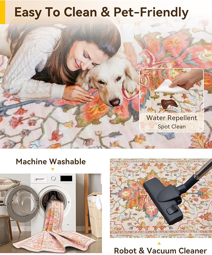RELEANY Washable Area Rug, Round 7ft, Pink/Light Pink/Colorful | Non-Slip, Water Repellent, Pet Friendly, Easy to Clean, Vintage Floral Boho Decor for Living Room Bedroom Dining Room