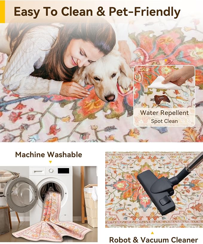 RELEANY Washable Area Rug, Runner 2'x5', Pink/Light Pink/Colorful | Non-Slip, Water Repellent, Pet Friendly, Easy to Clean, Vintage Floral Boho Decor for Kitchen Entry Bedroom Bedside Laundry
