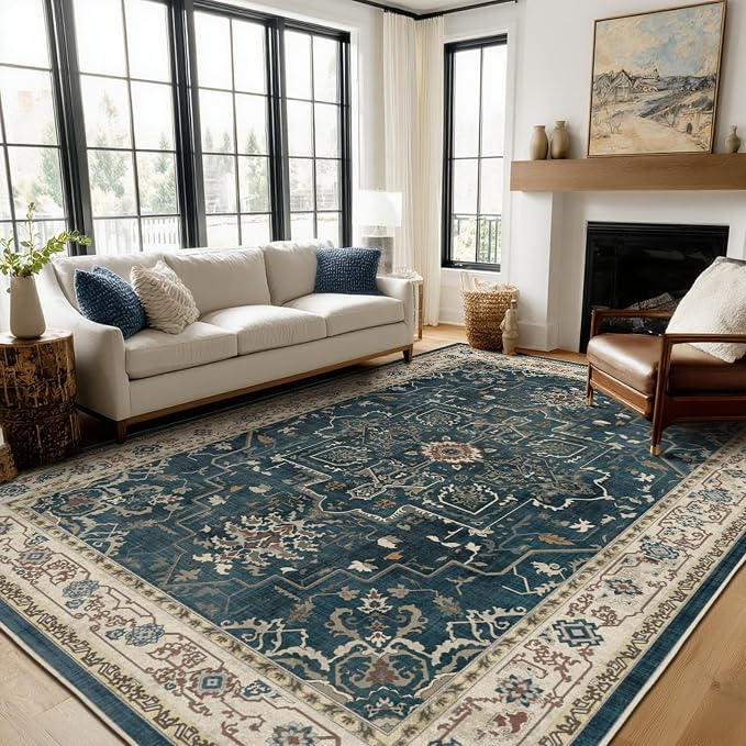 Vintage Distressed 8x10 Rugs for Living Room Bedroom, Washable Non Slip Dining Room Rugs for Under Table, Low Pile Thin Soft Carpet Farmhouse Dark Medallion Printed, Deep Blue/Multi