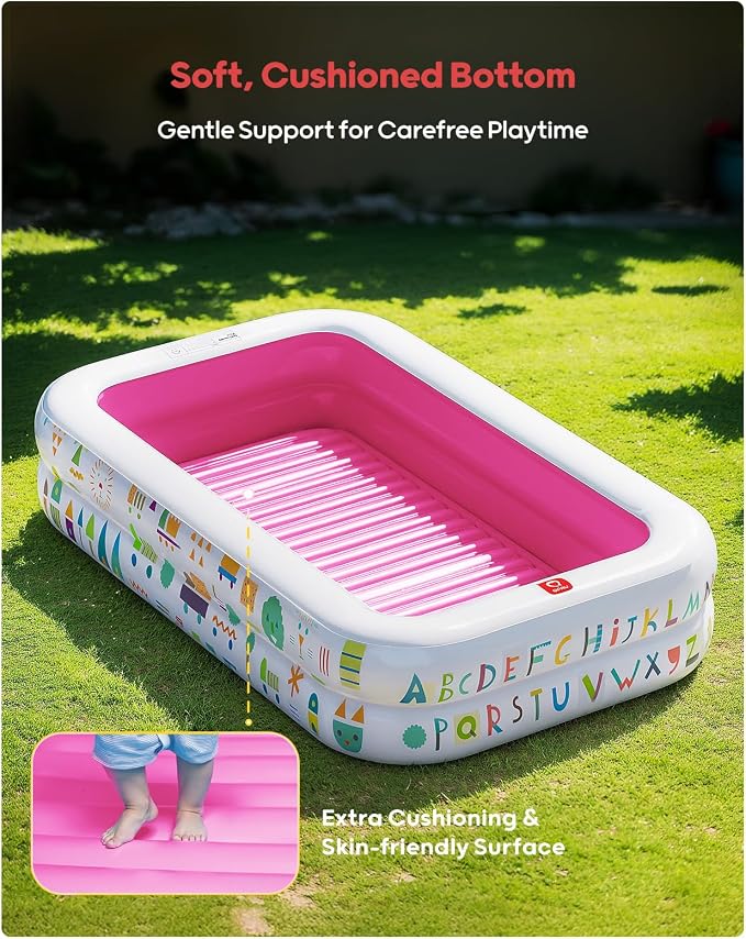 QPAU Kiddie Pool, Alphabet and Number Design, 65 x 39 in, Pink | Inflatable Design with Soft Floor, Converts to a Ball Pit for Kids and Toddlers, for Indoor and Backyard Play