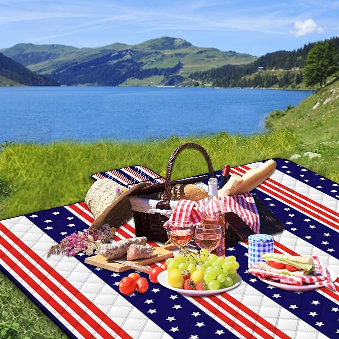 Poedist Extra Large Patriotic Picnic Blanket Waterproof,60"x 80"Foldable Machine Washable Beach Blanket,Outdoor Blanket for 6-8 Adults,Suitable for Indoor Crawling,Park Beach,Camping,Hiking,Travel