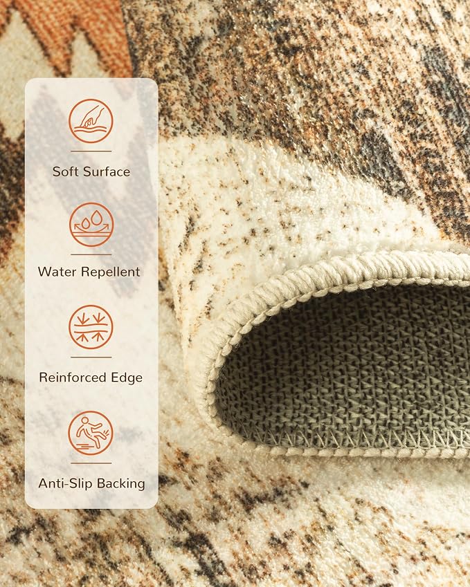 7'x9' Washable Area Rug for Living Room Bedroom Cream/Camel | Soft Western No Slip Low Pile Print Foldable Indoor for Kitchen Dining Room
