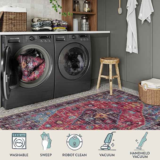 Lahome Felice Machine Washable Area Rugs 3x5, Soft Entryway Rug Oriental Kitchen Rugs, Small Vintage Soft Kid Pet Friendly Printed Indoor Accent Entry Carpet for Bathroom Front Door Decor, Hot Pink