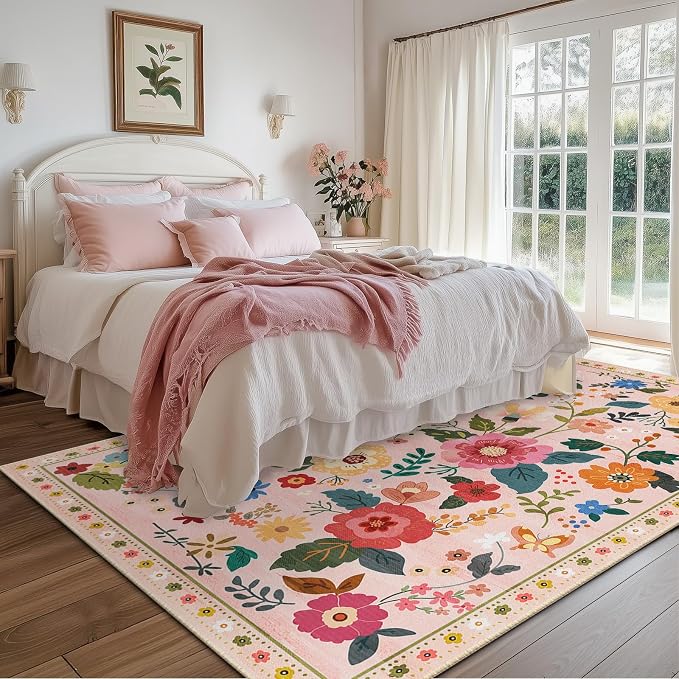 RELEANY Floral Washable 6x9 Area Rugs Pink | Flower Carpet, Print, Boho, Non-Slip, Easy to Clean, Soft, Low Pile for Living Room Bedroom Kitchen Office Entryway Hallway