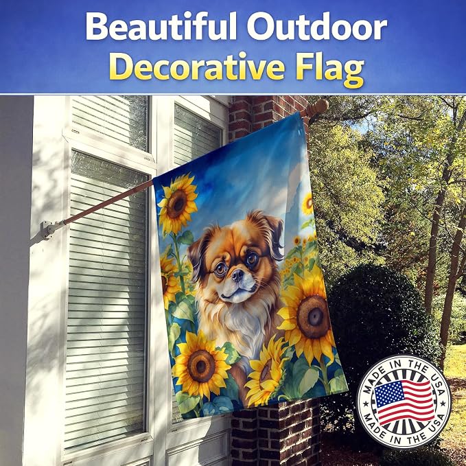 Caroline's Treasures DAC6167CHF Tibetan Spaniel in Sunflowers House Flag Large Porch Sleeve Pole Decorative Outside Yard Banner Artwork Wall Hanging, Polyester, House Size, Multicolor