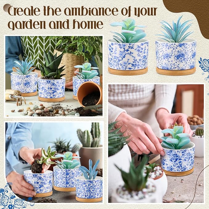 Maxdot 12 Pcs 3 Inch Ceramic Chinoiserie Succulent Pots Blue and White Mini Plant Cylinder Pots with Drainage Holes and Bamboo Trays for Indoor Plants Flowers Succulent Garden Decoration
