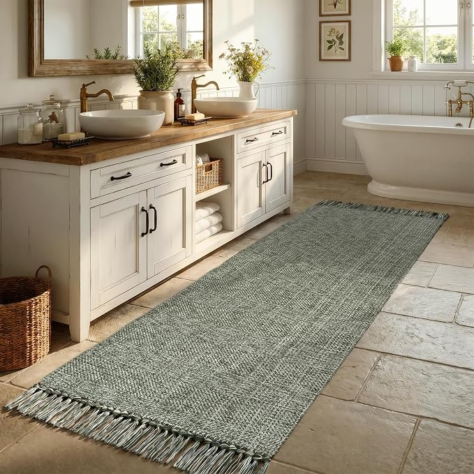 Boho Hallway Runner Rug, 2.6' x 7' Sage Green Bathroom Mats | Washable Modern Farmhouse Kitchen Runner Rugs, Hand Woven Entry Hall Carpet for Laundry Bedroom Decor