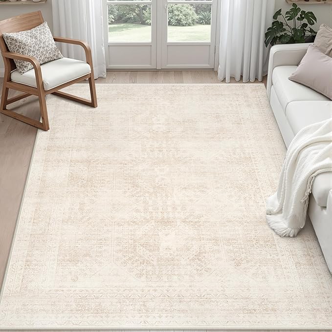 4x6 Area Rugs Living Room: Bedroom Neutral Washable Carpet Beige | Large Vintage Boho Indoor Decor Carpets Soft Nursery Farmhouse Dining Room Office Floor Non-Slip Low Pile Under Table Rug