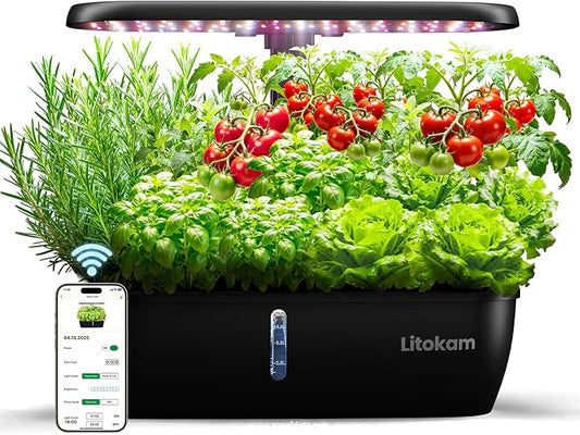 litokam Hydroponics Growing System Kit, 15 Pods Indoor Herb Garden with Smart APP & Quiet Pump, 24W LED Light, Auto Timer, Perfect Indoor Garden for Herbs, Vegetables & Flowers, Ideal for Plant Lovers
