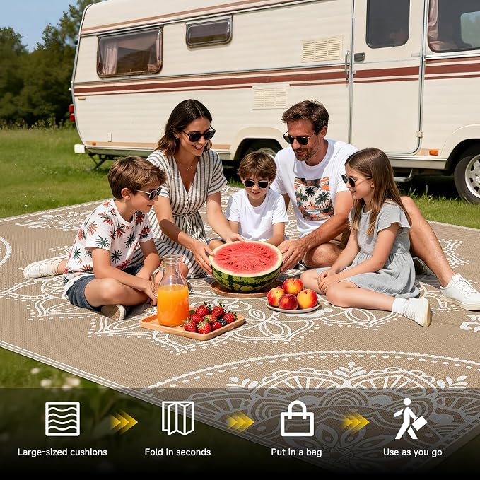 Pauwer Waterproof Outdoor Rug 9x12, Reversible Plastic Straw Patio Camping Rug, Indoor Outdoor RV Mat Carpet for Deck, Camper, Porch, Balcony, Backyard, Picnic, Floral Brown