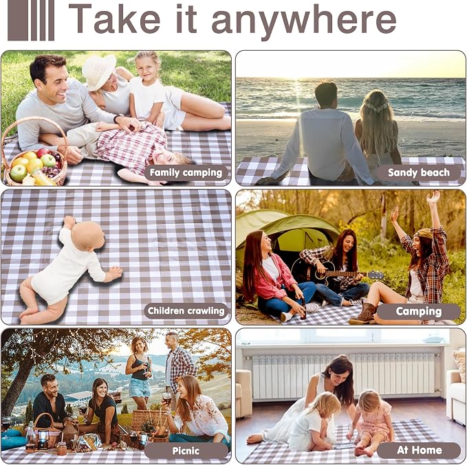 80"x80" Extra Large Waterproof Outdoor Mat - Sandproof Foldable Picnic Blanket for Family Camping, Backyard, Beach Parties - Heavy Duty & Easy Storage (Dark Brown)
