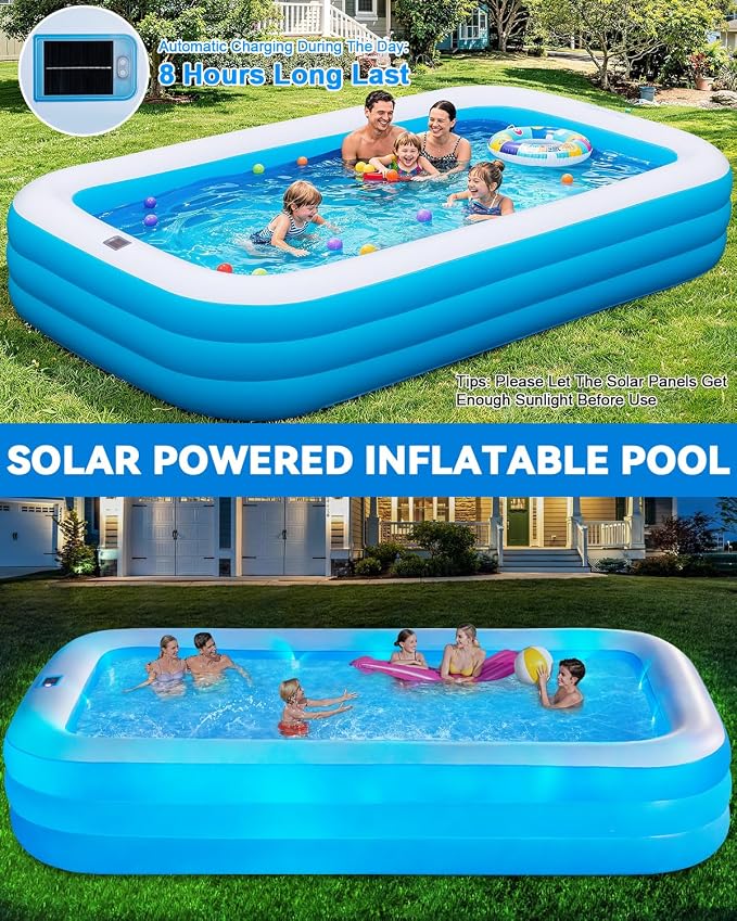 Large Inflatable Pool for Adults,130" x 72" x 22" Thickened Blow Up Pool with Lights & Pump, 7 Color Changed Durable Above Ground Family Swimming Pool for Backyard Outdoor Garden