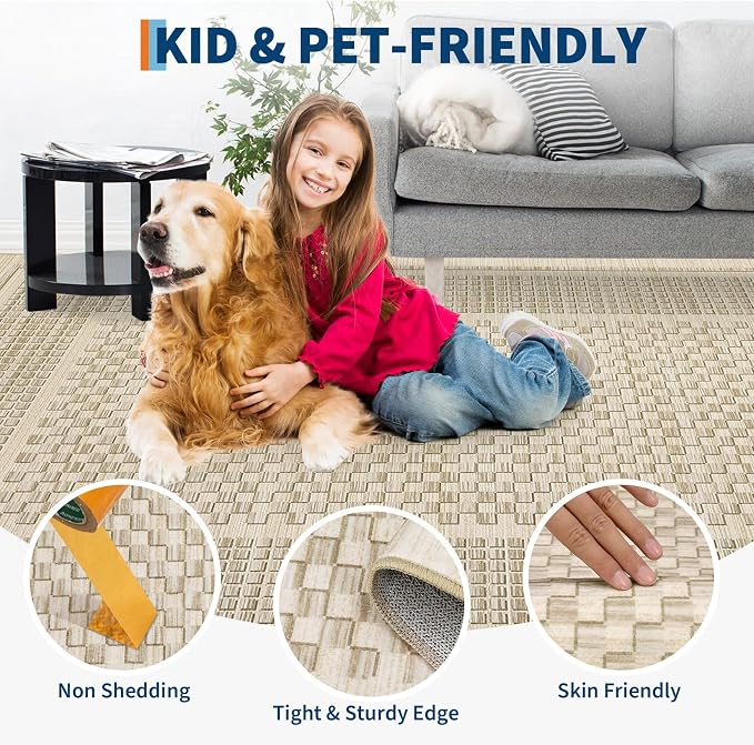 GarveeHome Washable Rug 9x12 Area Rug for Living Room Modern Bedroom Rug Beige Large Area Rug Non Slip Throw Rugs Soft Low Pile Stain Resistant Carpet for Dorm Nursery Dining Room 9 ft x12 ft