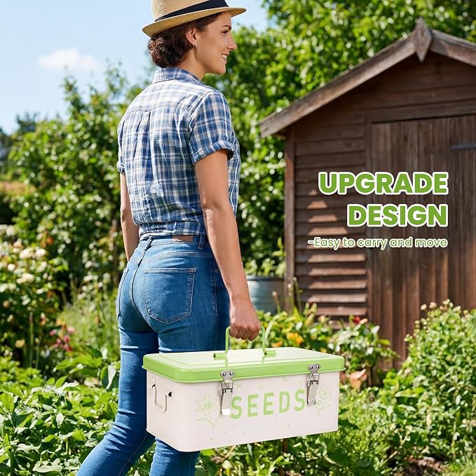 Seed Storage Organizer with Lid, Metal Seed Bin Seed Packet Container with 100 Plant Labels 50 Seed Envelopes 50 Plant Clips 1 Marker Pen, 4 Compartments Box with Locks
