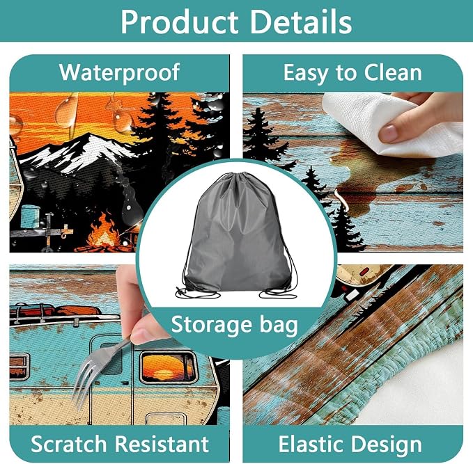Picnic Table Cover with Bench Covers, 30x72 inch Waterproof Outdoor Camping RV Essentials Fitted Picnic Rectangle Table Cloth, Teal Brown Wood Texture Fitted Picnic Tablecloth with Elastic