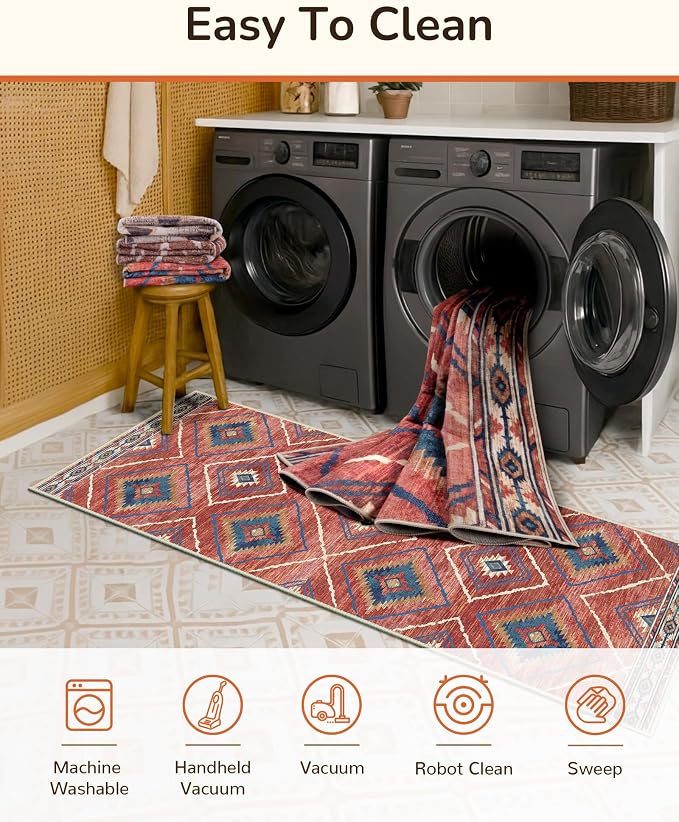 2'x6' Washable Area Rug for Living Room Runner Red/Orange | Soft Western No Slip Low Pile Print Foldable Indoor Small Rug for Kitchen entrance entryway hallway