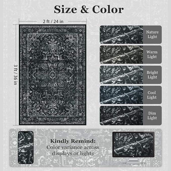Distressed Black Kitchen 2x3 Rugs Non Slip Washable, Vintage Medallion Pinted Dark Door Mat Indoor Entrance Entryway, Small Low Pile Rugs for Bathroom Vanity/Laundry Room/Bedroom