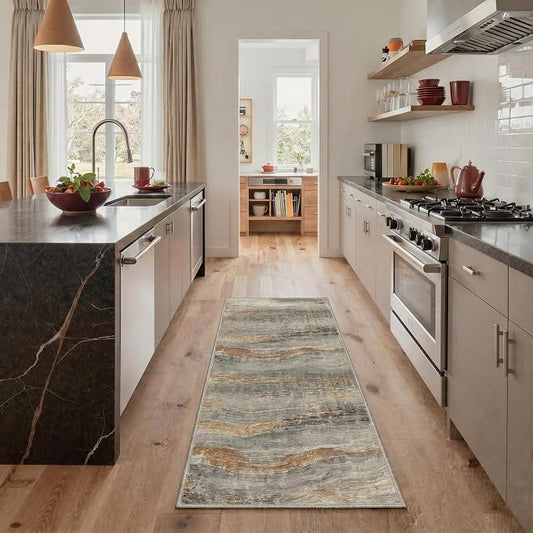 BEIMO 2x7 Non Slip Runner Rugs for Hallway, Wave Abstract Bronze Gray | Soft Machine Washable Modern Runners,Streaks Pattern Indoor Marble Carpet for Kitchen Laundry Room Bedroom Bathroom