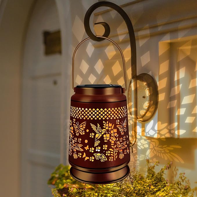 KY&BOSAM Hummingbird & Butterfly Solar Lanterns Outdoor Garden Decor | Retro Appearance,Old Gold Color Metal Hanging Solar Lights Gifts for Women Mom Grandma Outside for Yard,Patio,Backyard,Porch