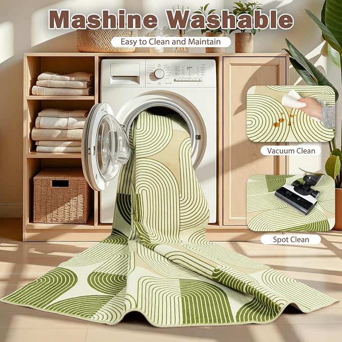 8x10 Area Rugs Washable Living Room Rug - Non-Slip Carpets Modern Rug | Neutral Soft Abstract Carpet Indoor Floor Stain Resistant Large Carpets for Bedroom Dining Room Nursery Home Office, Green