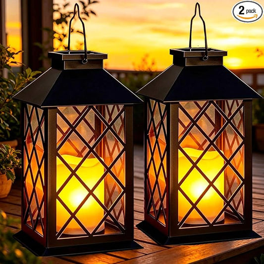 2 Pack 14" Large Solar Lanterns Outdoor Waterproof, Tempered Glass, Hanging Solar Lights with Flickering Flameless Candles, Retro Solar Lantern for Wall Porch Patio Table Garden Decorations, Black
