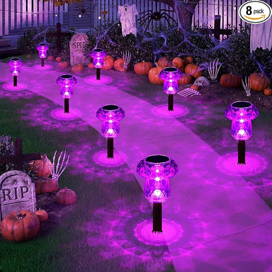 Solar Halloween Lights Outdoor 8 Pack Purple Mushroom Pathway Decor | LED Waterproof Halloween Decorations for Garden Yard Driveway Garden Walkway Path Landscape Lawn Lighting