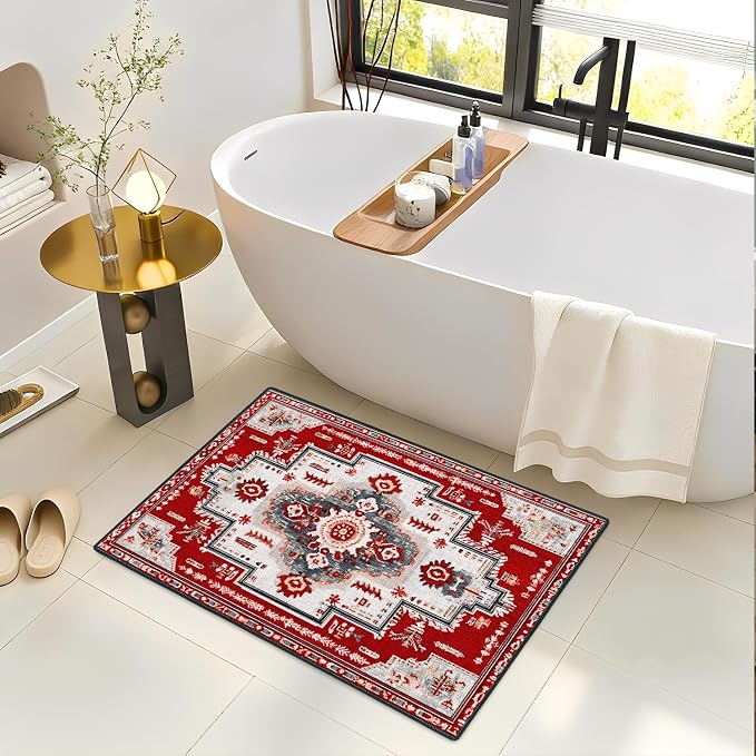 Red Geometric Rose 2x3 Entry Rug,Washable Small Rugs for Entryway Kitchen Bathroom Door Mat Indoor Entrance,Non Slip Rubber Backing,Stain & Fade Resistant,Gul Floral Farmhouse Decor
