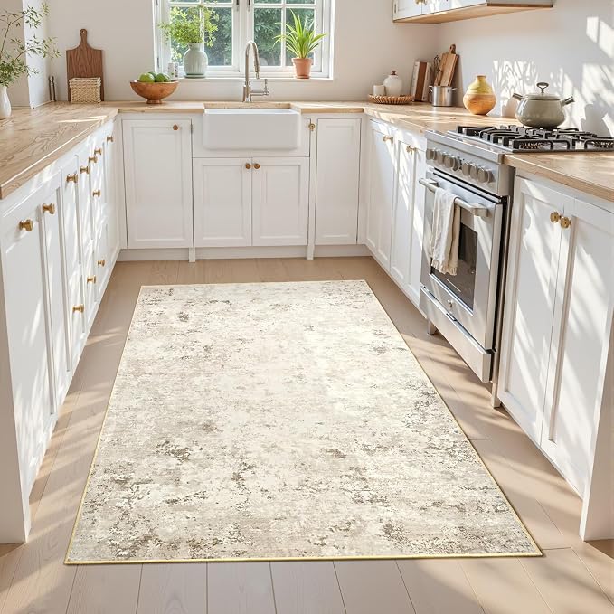 Toneed 4x6 Washable Non Slip Abstract Area Rugs for Bedroom Living Room | Soft Modern Low Pile Rug for Kitchen Hallway Office,Indoor Carpet for Kids Nursery Home Decor, Beige