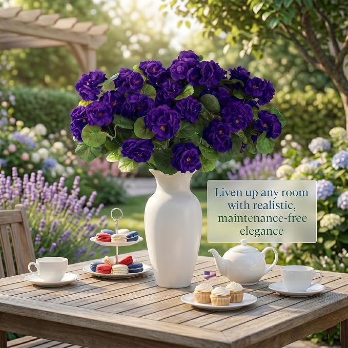 24 Pcs Artificial Geranium Flowers for Outdoor, UV Resistant Geraniums Artificial Flowers Realistic Faux Flowers Outdoor for Planters Outside Porch Garden Decor (15.3", Purple)