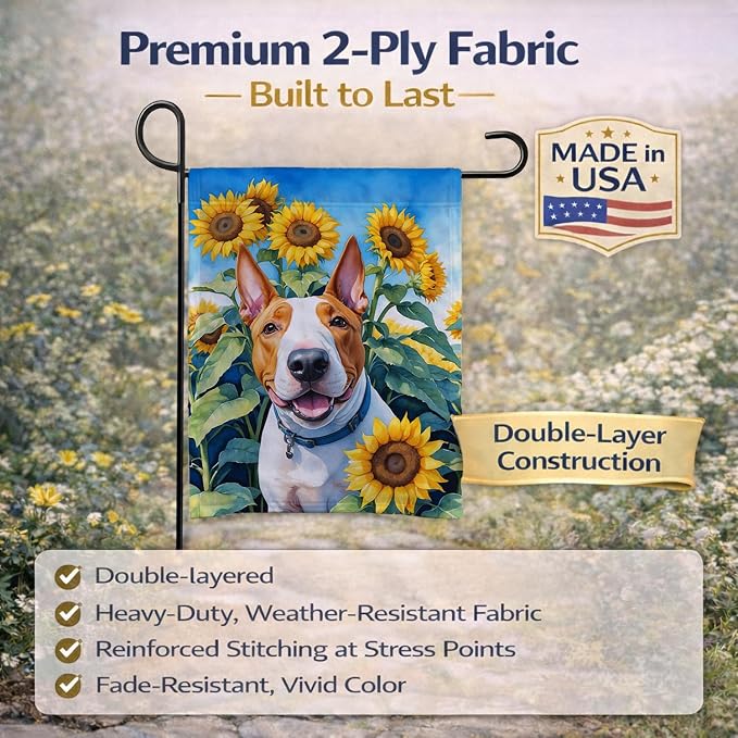 Caroline's Treasures DAC6070GF English Bull Terrier in Sunflowers Garden Flag Mailbox Flag Decorative Yard Flag Banner Outside Patio Artwork Yard Flower Beds, Garden Size, Multicolor