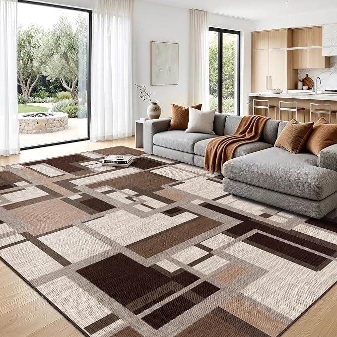 Modern Geometric 9x12 Area Rug for Living Room, Coffee Brown Washable Rugs | Contemporary Patchwork Blocks Non-Slip Indoor Carpet for Bedroom Dining Room Office | Abstract Soft Low-Pile Large Rug