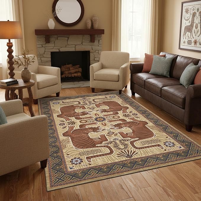 GarveeHome 4x6 Tiger Washable Rug Entryway Boho Bedroom Non Slip Vintage | Camel Area Rug Low Pile Tribal Carpet Stain Resistant Throw Rug for Kitchen Dorm Kidss Room Office Dining Room