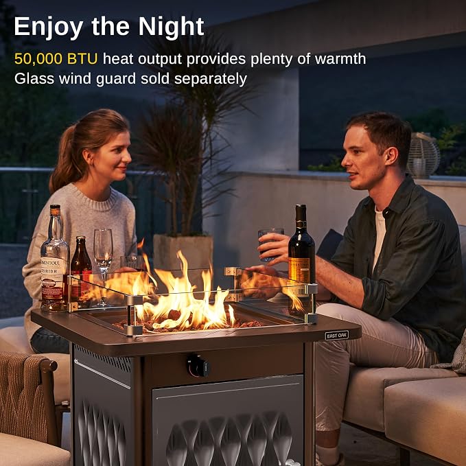 EAST OAK 28'' Stainless Steels Fire Pits Table, 50,000 BTU Upgraded Steel Gas FirePit for Outdoor, Outside Patio, CSA Certified Fire Table with Magnetic Lid, Cover-Storage Basket and Lava Rock, Brown